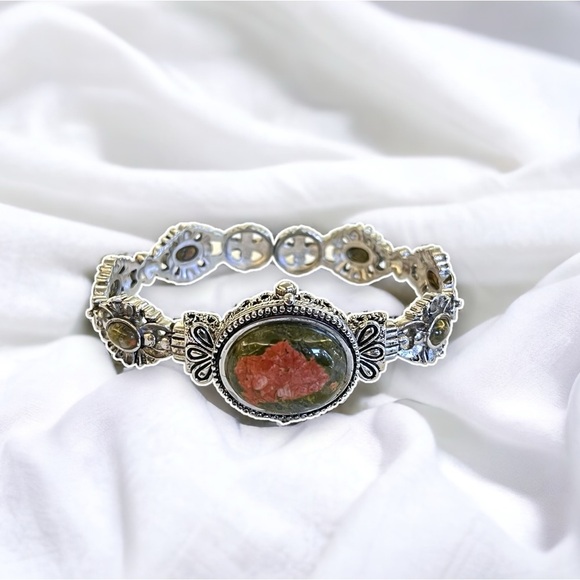 Vintage Boho Jasper Tooled Metal Cuff Watch